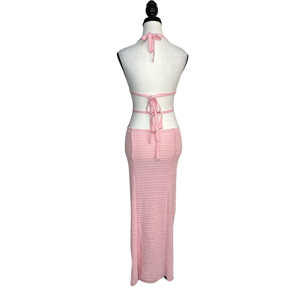 Pink Crochet Maxi‎ Dress Womens Small Halter Cutout Backless Coquette Boho Beach - Picture 2 of 9